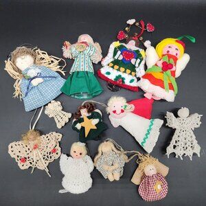 Handmade Angel Christmas Ornament Lot 12 Crochet Satin Ribbon Lace Yarn Felt VTG